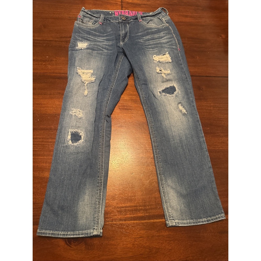 Hydraulic Distressed Jeans Women's Size 5/6 Med Wash Bootcut Embroidered Pockets